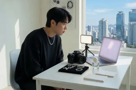 창가 책상에 놓인 카메라와 조명, 노트북